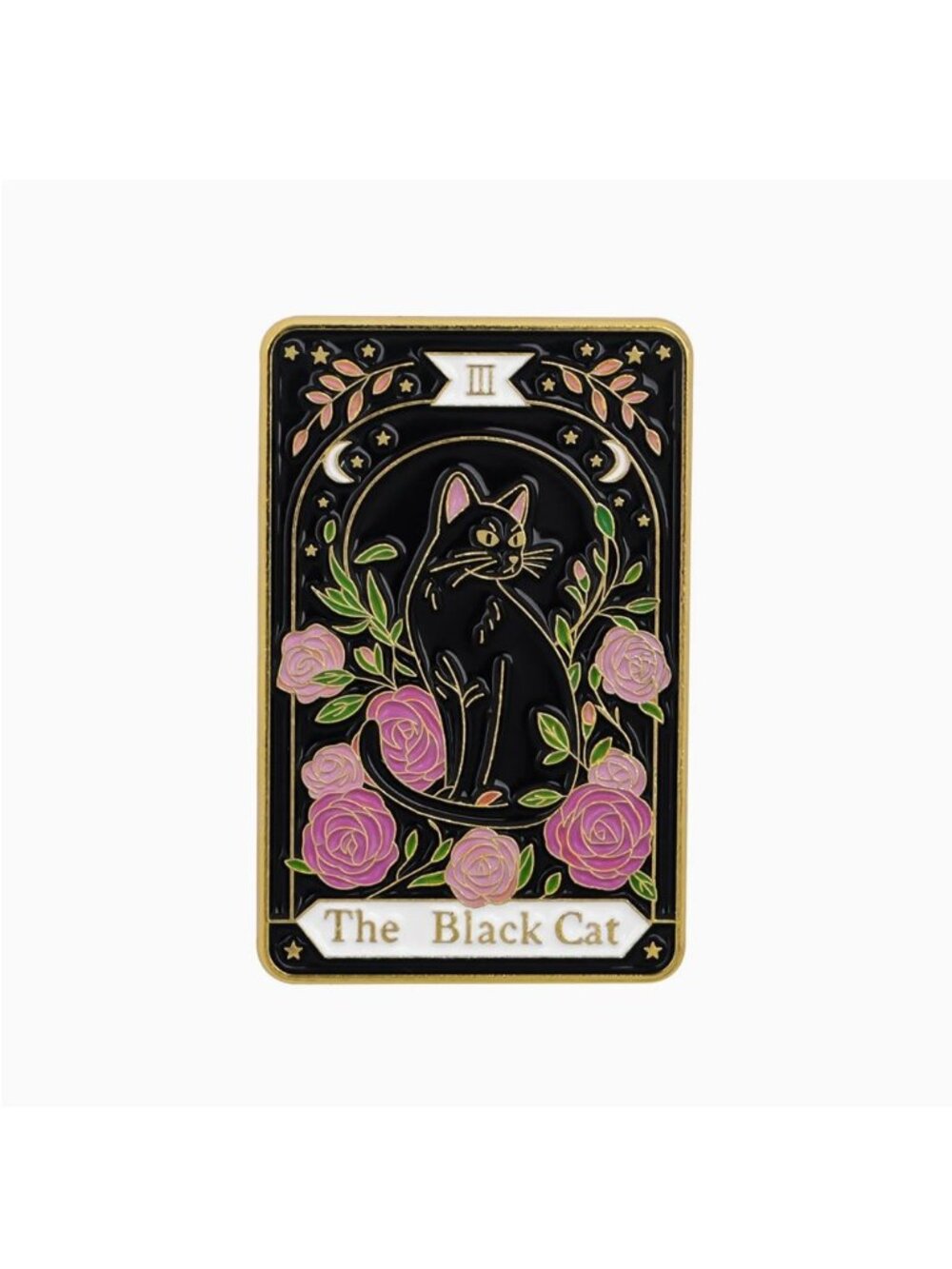Metal & Enamel Black Cat Pink Roses Tarot Card Lapel Pin
